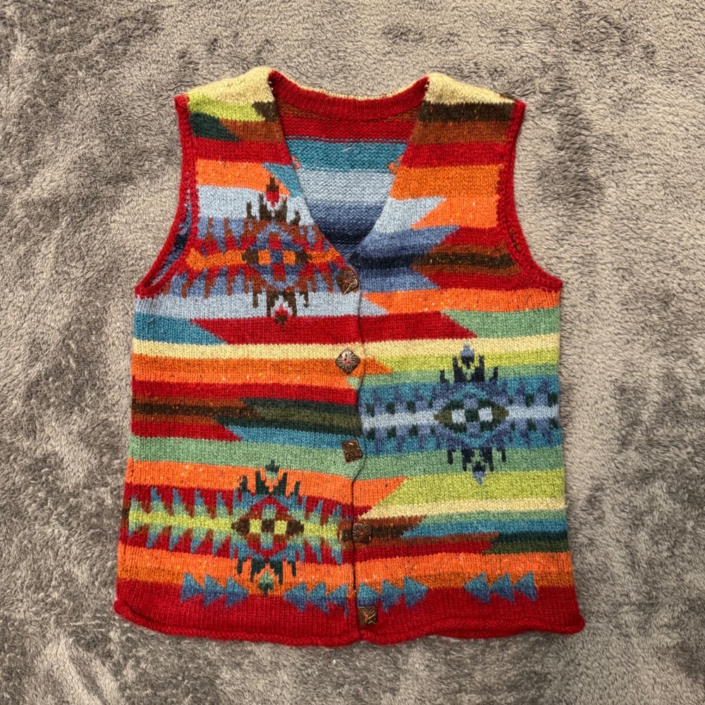 Southwestern Geometric Knit Button Front Sweater Vest Multi-Color Wood Buttons